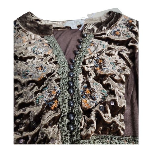 NEW Lucy Paris Brown Velvet Embroidered Sequin Boho Ruched Long Sleeve Top Large - Picture 9 of 12